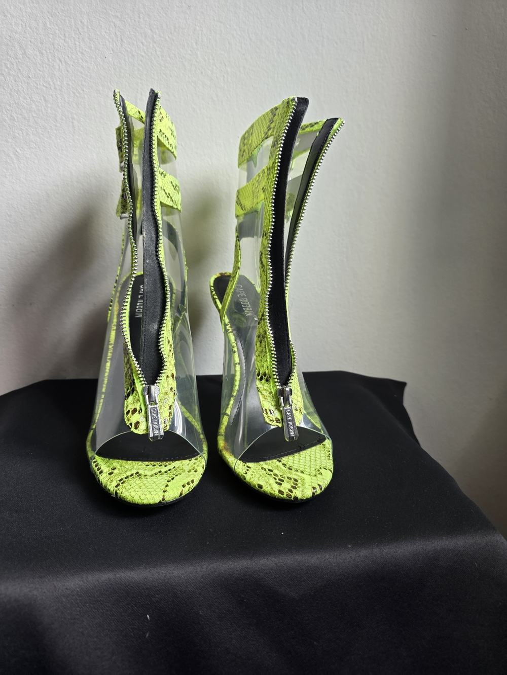 Cape Robbin Neon Green Snake-Print Clear Zipper Heels